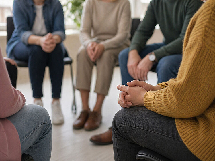 Mehrere Personen sitzen im Stuhlkreis und hören aufmerksam in einer Selbsthilfegruppe zu