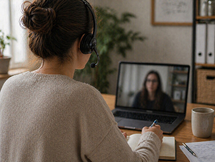 Frau mit Headset führt eine Online-Beratungsgespräch am Laptop