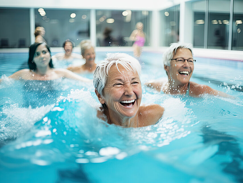 Gruppe von Menschen macht gemeinsam Wassergymnastik in einem hellen Schwimmbad