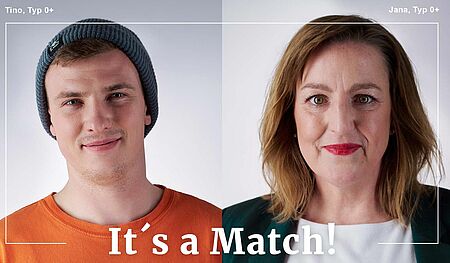 Motiv zur DRK-Blutspendeaktion in Gießen mit zwei passenden Blutspender-Typen und dem Schriftzug „It’s a Match!“