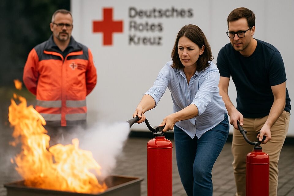 Zwei Teilnehmende der Brandschutzhelfer-Ausbildung beim Deutschen Roten Kreuz üben den Einsatz von Feuerlöschern unter Anleitung