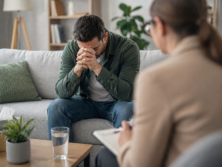 Mann sitzt nachdenklich im Gespräch mit einer Beraterin bei einer Suchtberatung