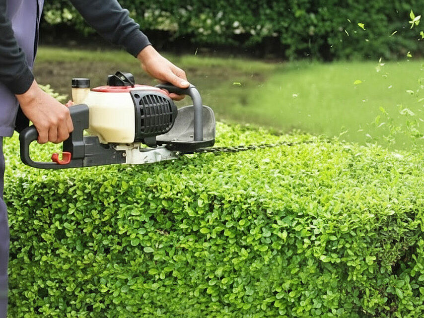 Zwei DRK-Mitarbeiter pflanzen Baum mit Bagger im Hintergrund